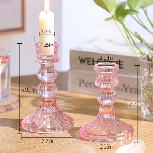 DARJEN 6Pcs Pink Candlestick Holders Set - 4" H & 5" H Striped Taper Candle Holders Bulk, Glass Candle Holders for Wedding, Festival, Party, Table Centerpiece, Gifts - color: Pink, size: Striped Pattern