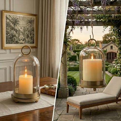 Hurricane Glass Candle Holders Set (5.1"×11.2" & 4.3"×7.7"), Metal Candle Holder with Hook Chains, Handmade Cloche Glass Dome & Antique Brass Candle Holder, for Pillar Candles, Floral Arrangements