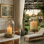 Hurricane Glass Candle Holders Set (5.1"×11.2" & 4.3"×7.7"), Metal Candle Holder with Hook Chains, Handmade Cloche Glass Dome & Antique Brass Candle Holder, for Pillar Candles, Floral Arrangements