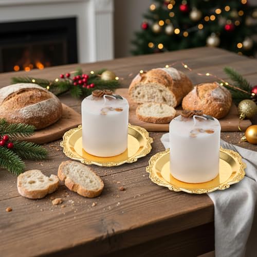 2 PCS Gold Pillar Candle Holder Decor, 5.9 Inch Round Metal Carved Candle Tray, Pillar Candles Plates Stand Decorative for Scented Ball Flameless Candles LED Coffee Table Wedding Party Home