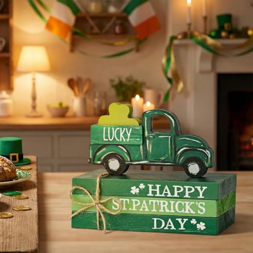 Smile St.Patrick's Day Wooden Book Stack Decor Green Shamrock & Lucky Truck Design, Freestanding Tabletop Shelf Wood Sign for Home Office - style: St Truck