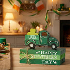 Smile St.Patrick's Day Wooden Book Stack Decor Green Shamrock & Lucky Truck Design, Freestanding Tabletop Shelf Wood Sign for Home Office - style: St Truck