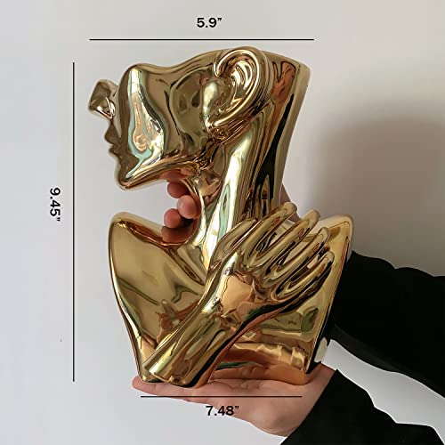 Ceramics Statue Flower Vase Face Pots Bust Head Shaped for Birthday Gifts Home Office Decoration (Gold) - color: Gold