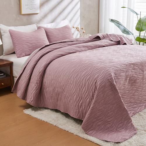 JYHOPE Grayish Purple Twin Quilt Set 68x90 Lightweight Microfabric Bedspread, 3-Piece Quilt Bedding with Pillow Shams, Summer Cooling Quilts, Ribbon Wrapped Gift - color: Wood Pattern-grayish Purple, size: Twin(68x90)