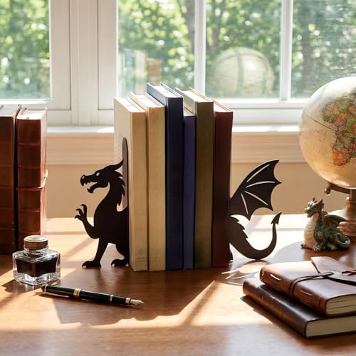 Geelin Dragon Metal Bookends Set of 2 Styles Fantasy Book Ends for Shelves Bookshelf Home Office Desk Bookshelf Decor Gift for Dragon Lovers and Reading Enthusiasts - style: Evil Dragon