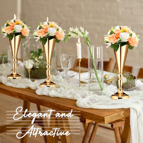 Potchen 6 Pcs Flower Trumpet Gold Vase Tabletop Centerpiece Gold Tall Flower Vases Bulk Wedding Table Decorative Centerpiece Table Decorations Arrangements for Floral Party Anniversary Birthday(M) - size: Medium