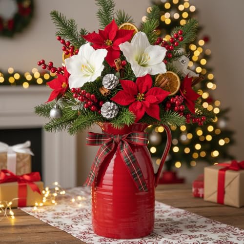 hjn hjn Farmhouse Pitcher Vase for Flowers- Ceramic Pitcher Vase Red Decorative Pitcher for Your Kitchen/Home Decor/Office/Living Room/Bookshelf/Mantel/-Red - color: Red - Pitcher Vase