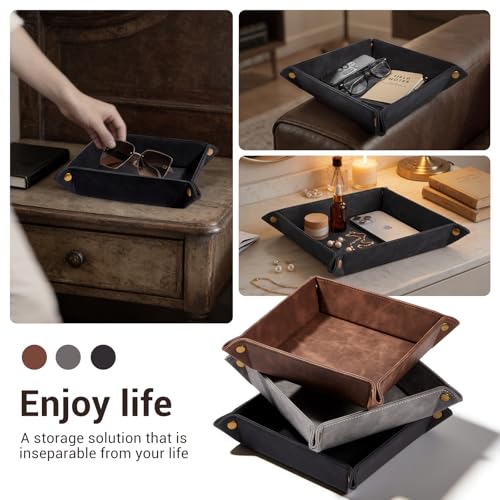 CoBak Leather Valet Tray for Men, Premium PU Leather Catch-All Tray for Entryway Table Key, Phone, Wallet, Coins & Jewelry, Bedside Nightstand Desk-top Catchall (Black) - color: Black