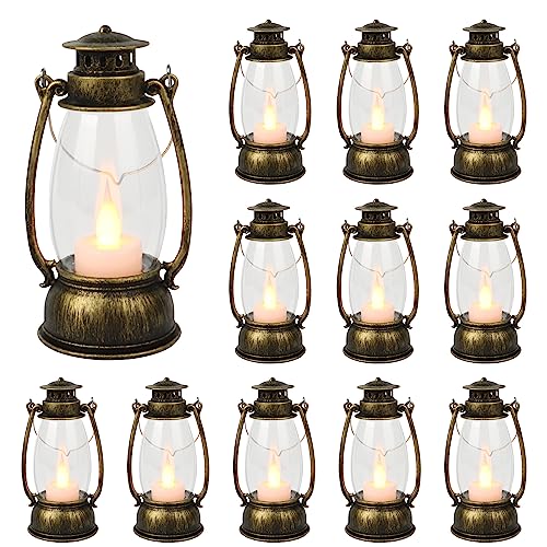 12Pcs Mini Lantern for Halloween Decor, 6Inch Small Lanterns for Western Garden Camping Party Decorations, Vintage Candleholders Table Centerpiece, Forest Christmas Wedding Decorations (Brass) - color: Brass-12pcs