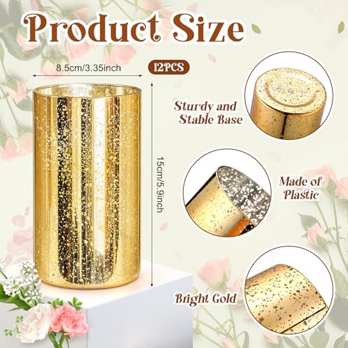12 Pcs Gold Cylinder Vases for Centerpieces Mercury Vase Hurricane Vase Bulk Acrylic Round Wide Container for Flowers Home Office Wedding Table Decorations (6'') - color: Gold, size: 6''