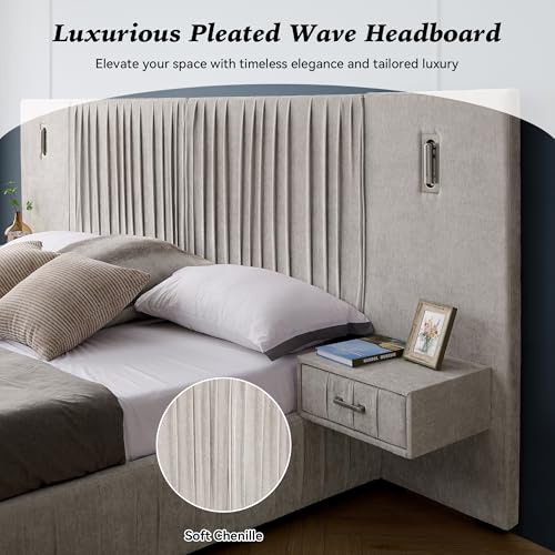 Luxury Queen Size Bed Frame with Oversized Upholstered Headboard, Modern Chenille Upholstered Platform Bed Frame with Gold LED Lights, Nightstands, No Box Spring Needed, Beige - color: Beige, size: Queen
