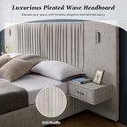 Luxury Queen Size Bed Frame with Oversized Upholstered Headboard, Modern Chenille Upholstered Platform Bed Frame with Gold LED Lights, Nightstands, No Box Spring Needed, Beige - color: Beige, size: Queen