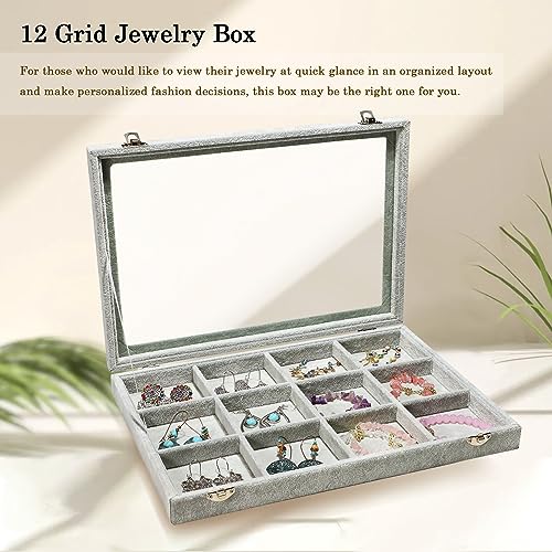 Stratalife Jewelry Holder Organizer Jewelry Organizer Box Bracelet Storage Velvet Jewelry Tray with Clear Lid Jewelry Drawer Organizer Jewelry Display Tray 12 Grid Grey - color: Gray, size: 12 Grid