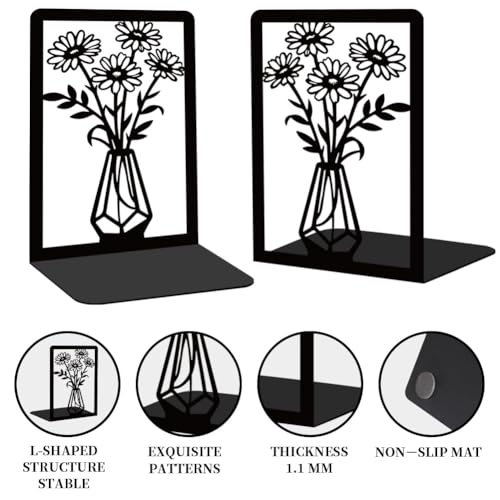 BEUNITONE Daisy Book Shelf Decorative Bookends for Shelves, Non-Slip Book Ends for Heavy Books, Flower Shelf Metal Bookends for Desk Organizer, Office Library Decor Decorative Books for Home Decor - style: Daisy