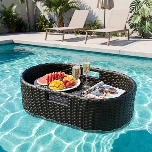 Devoko Floating Pool Tray Large PE Rattan Pool Serving Bar, Luxury Pool Floating Table with Handles for Pool Party, Hot Tub & Beach (Black) - color: Black, size: Medium