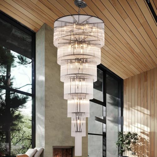 Black Glass Chandeliers for High Ceiling, 7-Tier Glass Rod Chandelier H71 Modern Foyer Entryway Ceiling Light Fixture for Staircase Living Room Entry Extra Long - size: 7-tier Black (27.5" x 71")