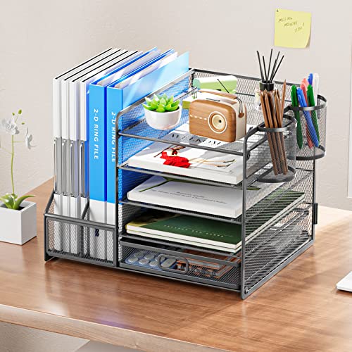 Marbrasse 5-Tier Paper Letter Tray Organizer with Drawer and Pen Holder, Mesh Desktop Organizer and Storage with Magazine Holder for Office Supplies (Grey) - color: Gray