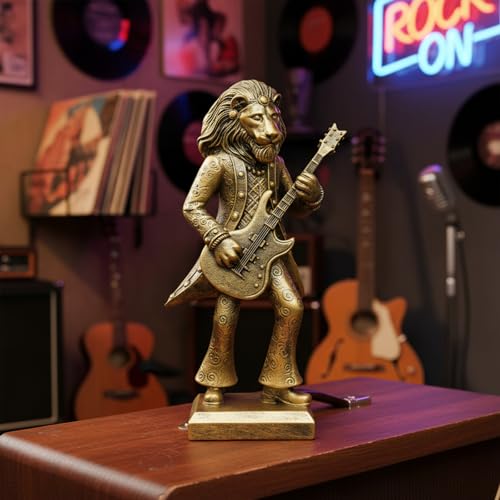 Vintage Animal Statue Sculpture,Gold Resin Music Lion Figurine with Guitar, Retro Office Desk Decor for Home Living Room, Creative Gift for Animal Lovers - color: Music Lion