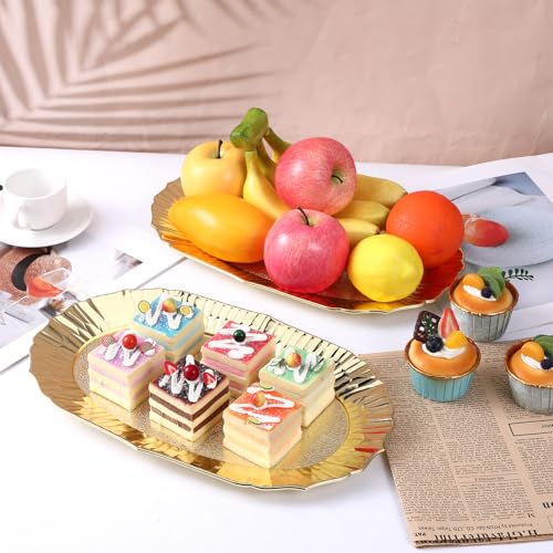6 Packs Gold Plastic Serving Tray Set, Decorative Plastic Reusable Party Trays Platters for Food, Appetizer Platter, for Dessert Table, Cupcake, Charcuterie(14"x8.5")