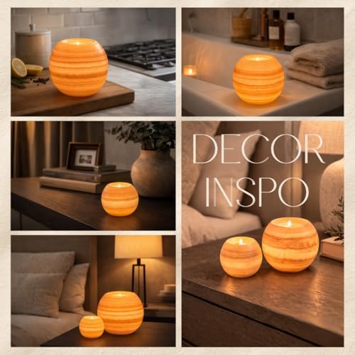 CraftsOfEgypt Single Alabaster Candle Holder - Egyptian Tealight and Votive Candles Holders with Amber Glow for Home Décor Natural Stone Soothing Tranquil Aurora - size: Medium