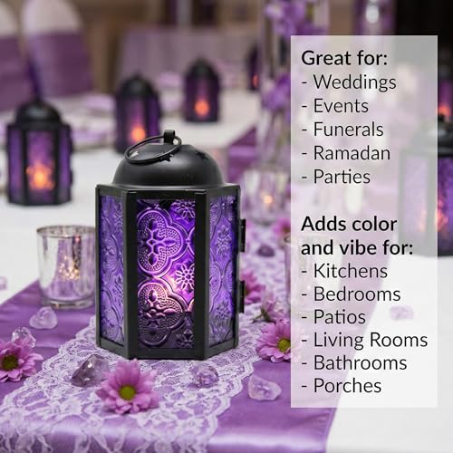 VELA LANTERNS Mini Moroccan Tea Light Candle Holder Lanterns – 4.25" Small Decorative Lantern for Table or Hanging, Metal with Glass Panels – Ramadan, Wedding, Home Decor, Royal Purple (Set of 4) - color: Royal Purple