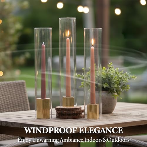 LETINE 14" Tall Hurricane Candle Holders with Gold Ribbed Taper Candle Holders Set of 3– Bulk Windproof Taper Candle Hurricane Glass for Outdoor&Indoors Wedding Centerpiece, Event & Home Decor - color: Gold, size: 14H"-3pcs+3pcs Taper Holder1.57"/2.36"/3.