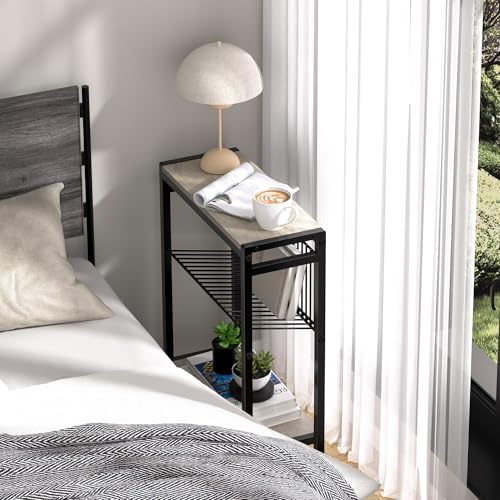 Small Side Table Set of 2 for Small Space, 3-Tier Narrow End Table with Magazine Holder, Slim Nightstand, Skinny Snack Couch Table in Living Room, Bedroom, Kitchen and Balcony (Greige) - color: Greige-2pcs