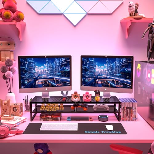 Simple Trending 2 Tier Metal Dual Monitor Stand Riser with 32"x10" Mouse Pad, Computer Desk Organizer for 2 Monitors, Laptop, Printer, TV, Black - color: Black, size: 32"L x 10"W x 7"H
