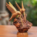 NOVICA Artisan Crafted Handcarved Wood Sculpture | Hummingbird Figurine Decor | Sustainable Animal Themed | Benalu & Jempinis Wood | NAT Geo Decoration | Indonesia ' Hummingbird Couple' 7.5" H x 6" W