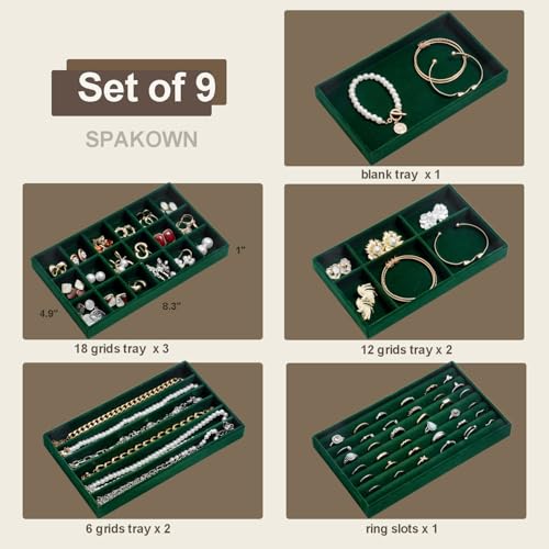 SPAKOWN Jewelry Drawer Organizer Inserts Set of 9, Jewelry Trays for Drawers Velvet Jewelry Organizer Tray Drawer Jewelry Organizers and Storage for Earring Ring Necklace Watch Bracelet (Green) - color: Green