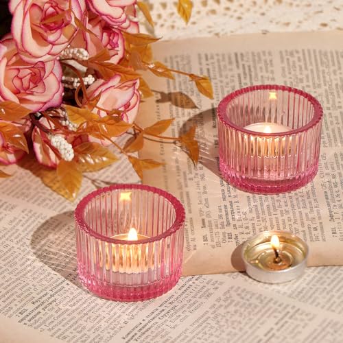 Lanttu Pink Tealight Candle Holder Set of 12, Small Votive Candle Holders for Table Centerpiece,Glass Tea Light Candles Holder for Party&Home,Wedding Decor(2''Dia*1.4''H) - color: Pink