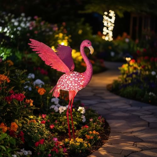 43" Metal Flamingo Garden Sculptures with Solar Light, Pink Flamingo Yard Art - Large Outdoor Lawn Ornaments & Decor for Patio, Backyard, Garden - size: 43Inch