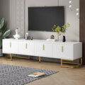 ON-TREND Modern TV Stand with Metal Legs and Gold Handles for TVs Up to 80'', Media Console Table with Cabinets and Adjustable Shelves, Luxury TV Cabinet with Geometric Lines for Living Room, White - color: White+gold1