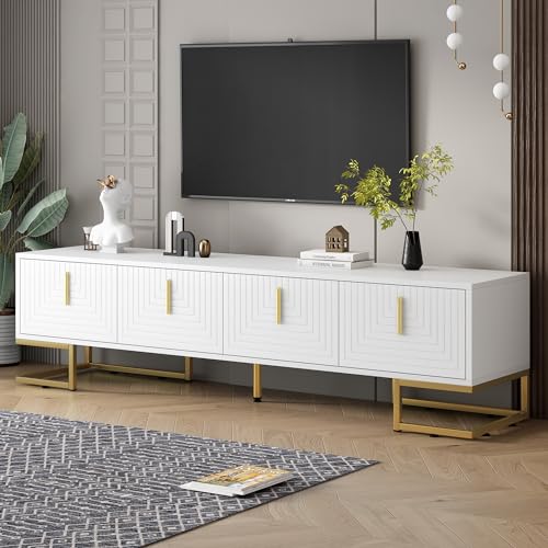 ON-TREND Modern TV Stand with Metal Legs and Gold Handles for TVs Up to 80'', Media Console Table with Cabinets and Adjustable Shelves, Luxury TV Cabinet with Geometric Lines for Living Room, White - color: White+gold1