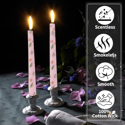 Taper Candles,10 inch 2pc Pink Tapered Candles with Tulip Printed, Unscented and Smokeless Long Burning Candles,Tall Candlesticks with Cotton Wicks,Ideal for Weddings, Home Décor - style: Tulip