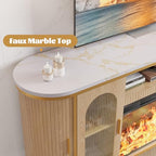 MXV 70" Fluted TV Stand for TVs up to 80", Mid Century Modern Entertainment Center with Sliding Doors & Glass Door, TV Console Table with Faux Marble Top for Living Room, Oak (70IN with Fireplace) - size: 70IN with Fireplace