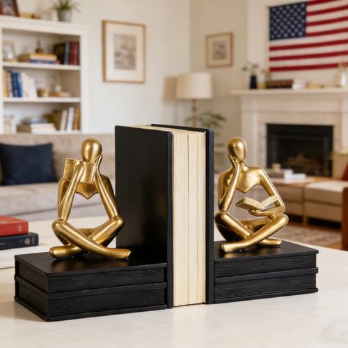 Reading Figurine Book Ends Book Lovers Gifts for Bookshelf Decorations for Readers, Graduates, Students, Teachers, Sculpture Home Decor for Shelves Desk Office Living Room (Black/Gold) - color: Black/Gold