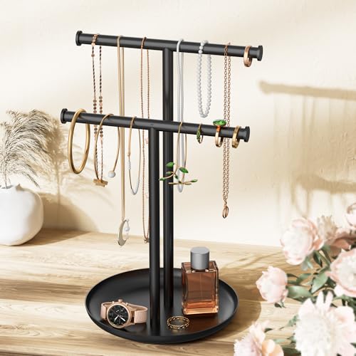 Necklace Rack Stand with Storage Tray - 2 Rods T-Shaped Jewelry Holder Stand for Bracelets, Earrings, Rings | Elegant Vanity & Dresser Top Storage for Women, Black. - color: Black
