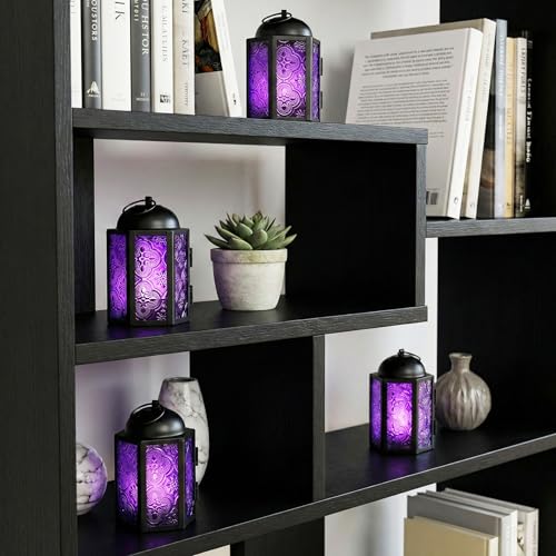 VELA LANTERNS Mini Moroccan Tea Light Candle Holder Lanterns – 4.25" Small Decorative Lantern for Table or Hanging, Metal with Glass Panels – Ramadan, Wedding, Home Decor, Royal Purple (Set of 4) - color: Royal Purple