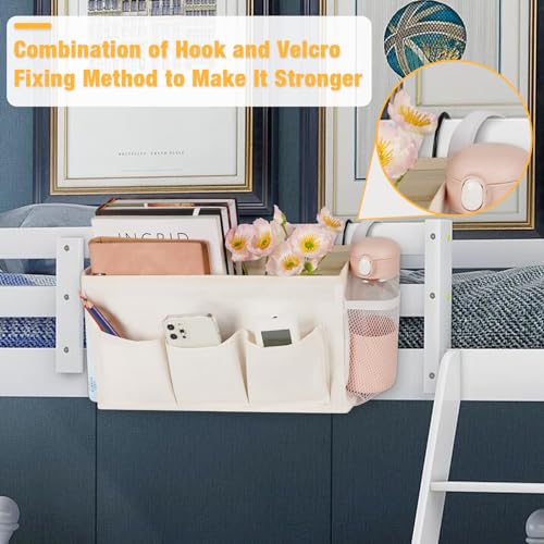 Lilithye Bedside Caddy Storage Organizer with Fixed Straps and Water Bottle Holder for Home, College, Dorm, Bunk/Hospital/Crib Bed Rails, White - color: White