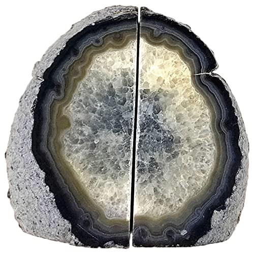 AMOYSTONE Geode Bookends Heavy Duty AgateStone Bookend Decorative Large Crystal Quartz Book Natural Black with Rubber Bumpers(1 Pair, 6-8 LBS) - color: Natural Black, size: 6-8LBS