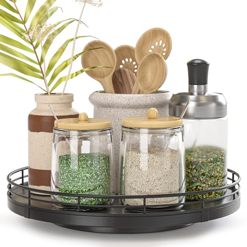 9" Oak Wood Lazy Susan Turntable Organizer, Lazy Susan for Cabinet Dining Table Pantry Wood Rotating Tray for Kitchen Countertop Coffee Table Decor Spinning Spice Can Organization and Storage Black - color: Black, size: 9