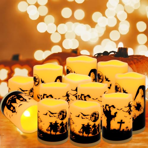 12-Pack Halloween Ink Painting Large Electronic Waxes with Remote Control, Flameless LED Candles for Halloween Spooky, Halloween Ambient Sense Artifacts. - color: 12Pack-halloween
