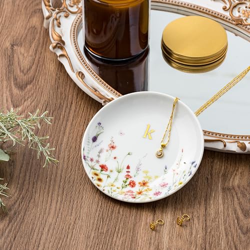 Crisky Initial Jewelry Tray Ring Dish & Gift Box, Ceramic Flower Trinket Dish for Rings Earrings Necklaces Keys, Bridal Shower Engagement Birthday Gift for Women, Friends 4.57" (Gold Foil K - style: Initial K