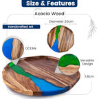 Handmade Wood Serving Tray with Resin Design, Decorative Acacia Wood Tray for Snacks, Drinks, Coffee Table, Kitchen, Home Decor & Organization, Wooden Serving Platter for Party