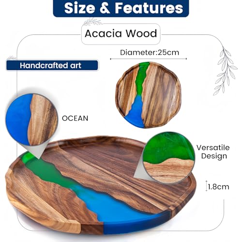 Handmade Wood Serving Tray with Resin Design, Decorative Acacia Wood Tray for Snacks, Drinks, Coffee Table, Kitchen, Home Decor & Organization, Wooden Serving Platter for Party