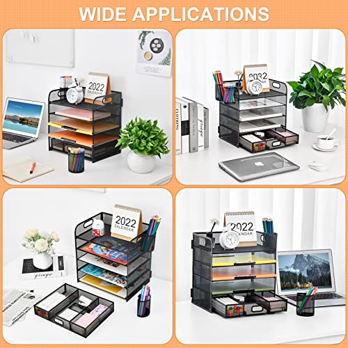 Lavatino 5 Tier Paper Organizer for Desk, Letter Tray with Drawer and 2 Pen Holders, Mesh File Sorter, Desktop Document Shelf Storage Organization Office School Home Black with Drawer - color: 5 Tier - Black