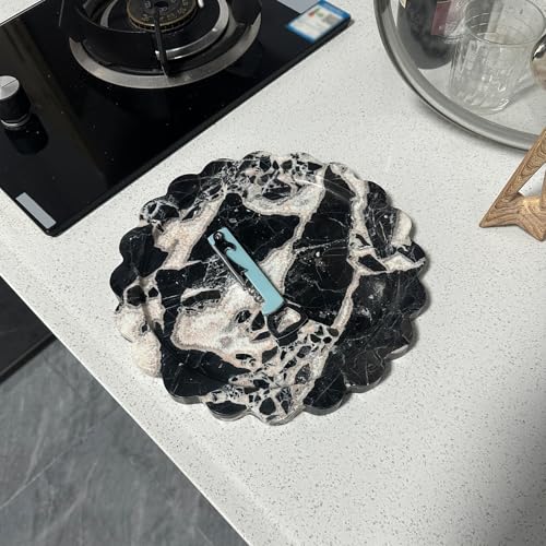 11" Round Marble Tray with Scalloped Edge, Black Marble Decorative Tray for Coffee Table (Black and White) - color: Black