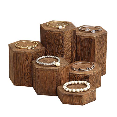 MOOCA Wooden 6 Pcs Hexagon Risers for Display Jewelry and Accessories Display Stand, Brown - color: Brown, 6 Pieces