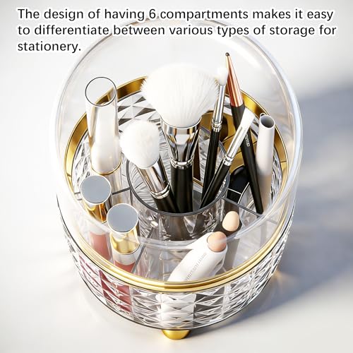 GOTOBA 360° Rotating Pencil Holder for Desk, Makeup Brush Holder with 6 Slots, Desk Organizer for Writing Utensil, Office and School Supplies (Clear with cover) - color: Clear with cover